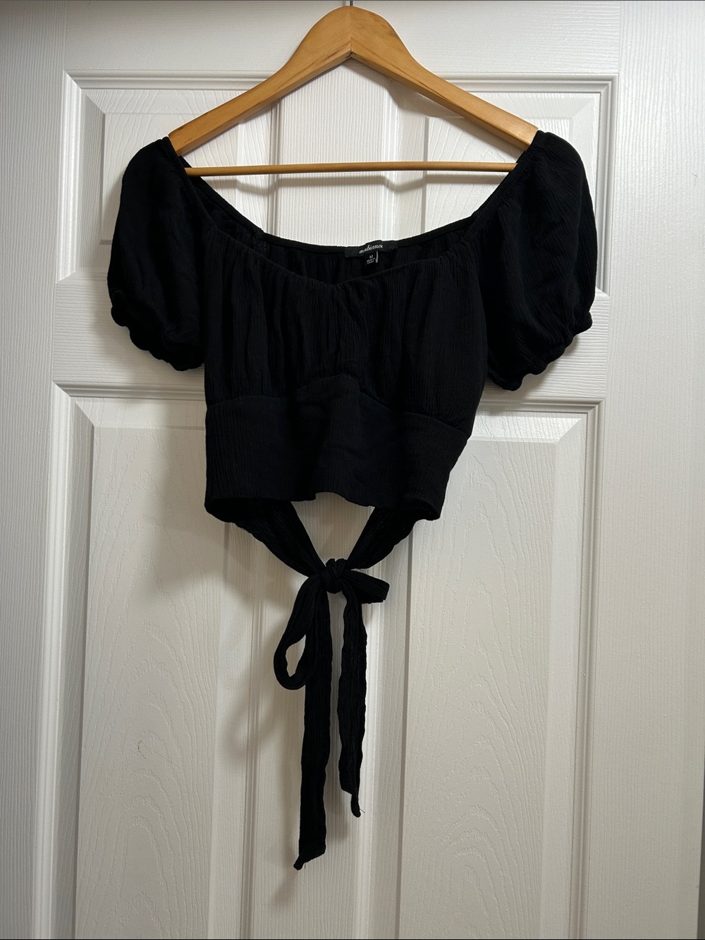 Ambiance Black Puff Sleeve Tie-Front Cropped Top